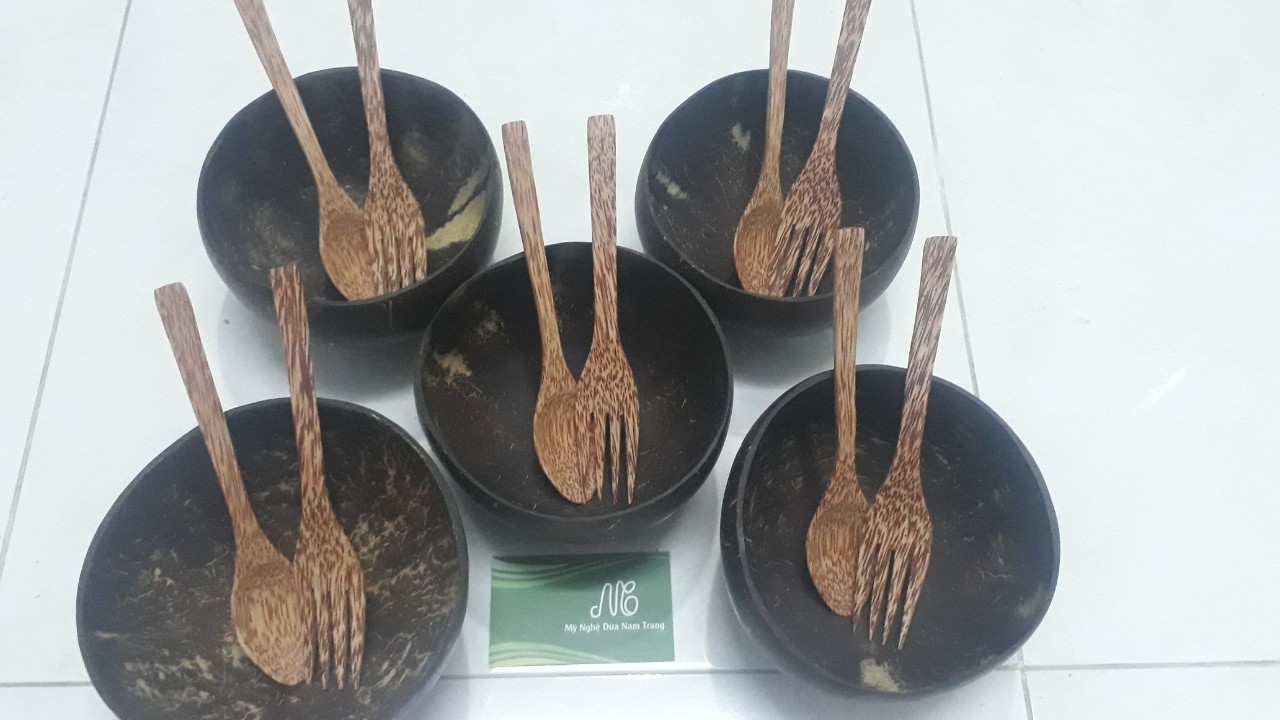 Tô gáo dừa có đế muỗng nĩa gỗ dừa dùng đựng thức ăn salas