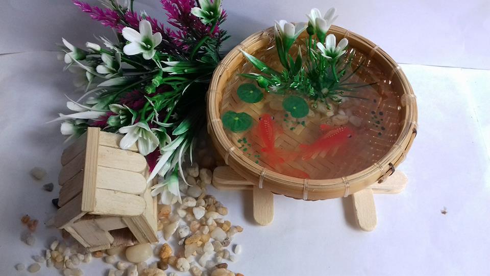 Vẽ tranh cá 3D trên thúng tre nhỏ dừa mỹ 